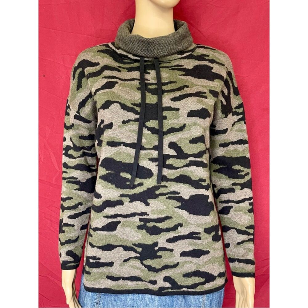 Rachel Zoe Camo Cowl Neck Drawstring Sweater XS